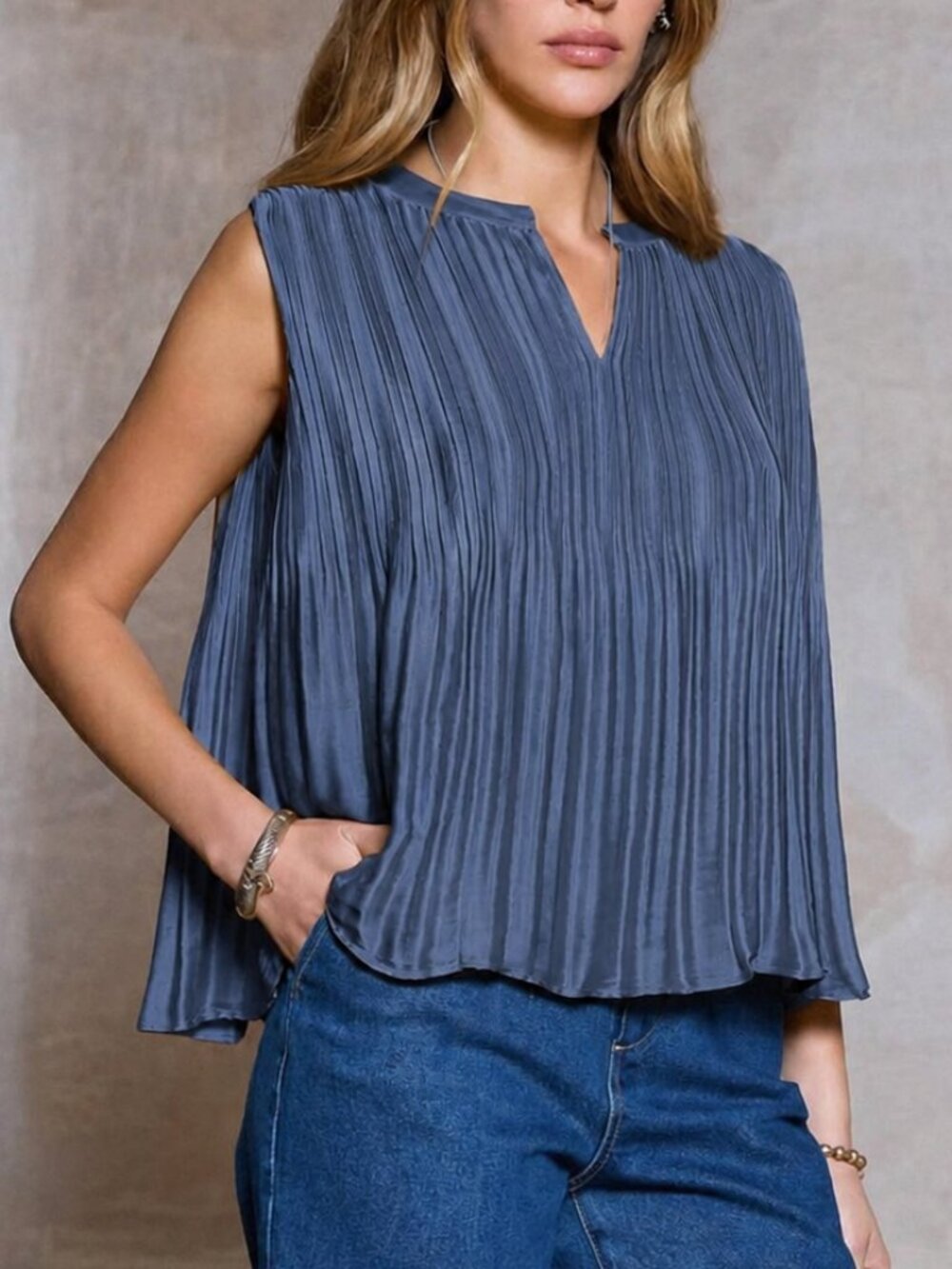 Current Air NEW Luxe Navy Pleated Sleeveless Oversized Blouse Top SZ Medium